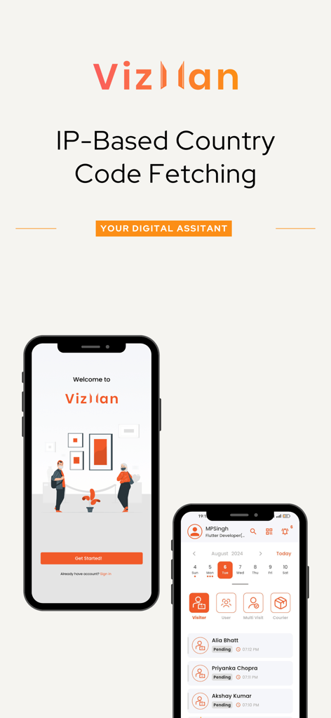 VizMan - Visitor Management - VizMan visitor management app interface showing the welcome screen and visitor dashboard on mobile phones
