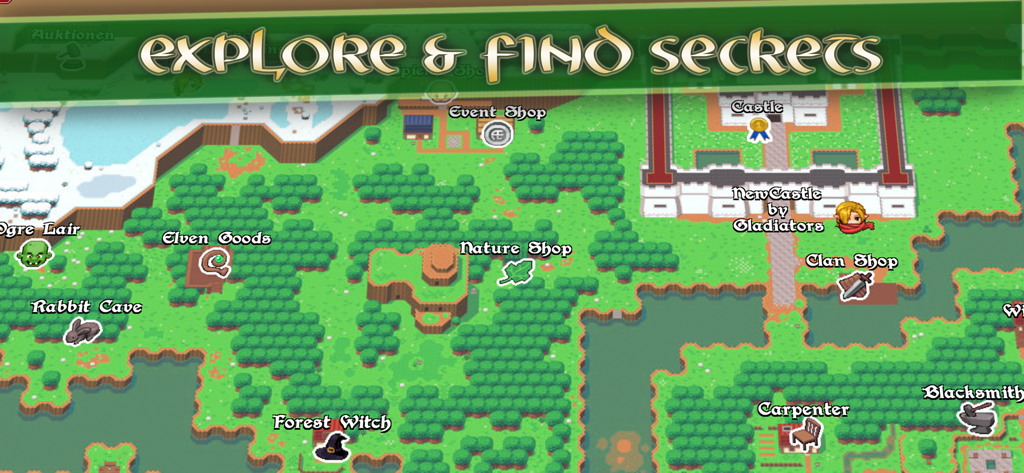 Avalonia Online RPG - A 2D pixel art world map of the game showing locations like shops a castle and caves