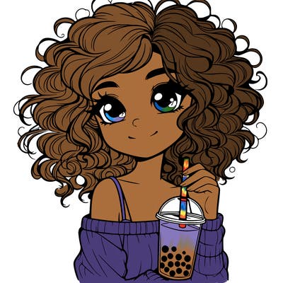a realistic girl with curly hair holding a boba tea