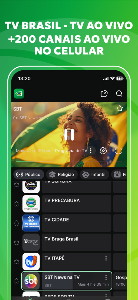 Interfaz de la aplicación TV Brasil que muestra una transmisión en vivo de SBT y una lista de canales de televisión brasileños disponibles