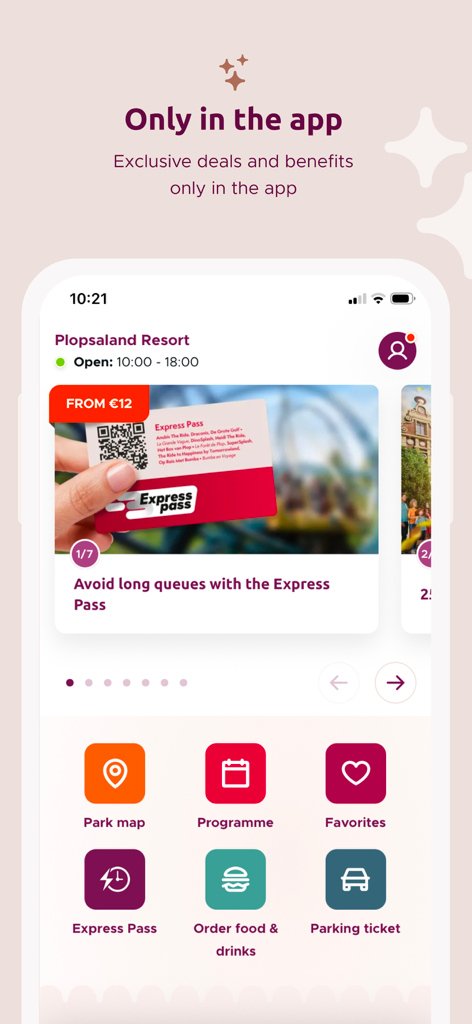 Plopsaland Resort Belgium - Interface of the Plopsaland Resort app featuring exclusive deals and Express Pass options