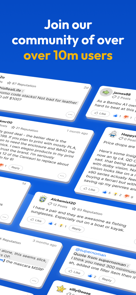 Slickdeals: Deals & Discounts - Interfaz de la aplicación Slickdeals que muestra reseñas de usuarios y publicaciones de foros de una comunidad de más de 10 millones de usuarios.