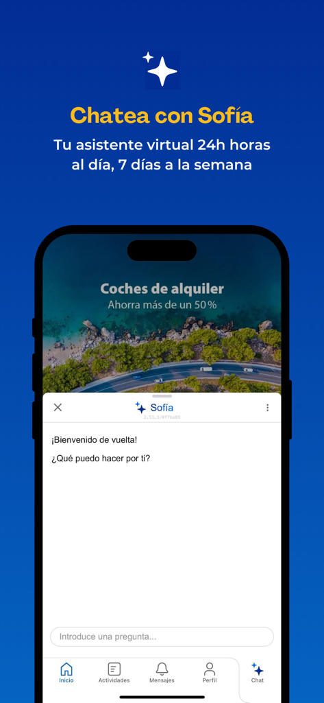 Captura de pantalla de la app móvil que muestra el asistente virtual Sofía para atención al cliente 24/7 en la aplicación CHECK24 España