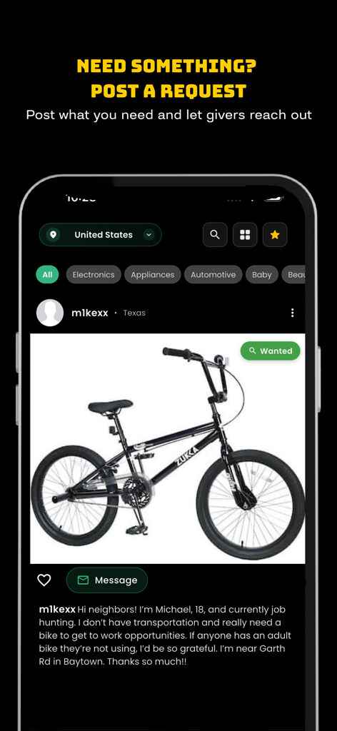 Mobile App-Oberfläche, die eine Community-Anfrage für ein kostenloses Fahrrad auf Freecycle zeigt