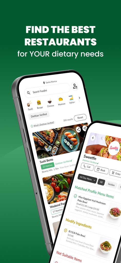 Foodini US - Foodini US app screens showing restaurant search results and dietitian verified menu items for specific dietary needs