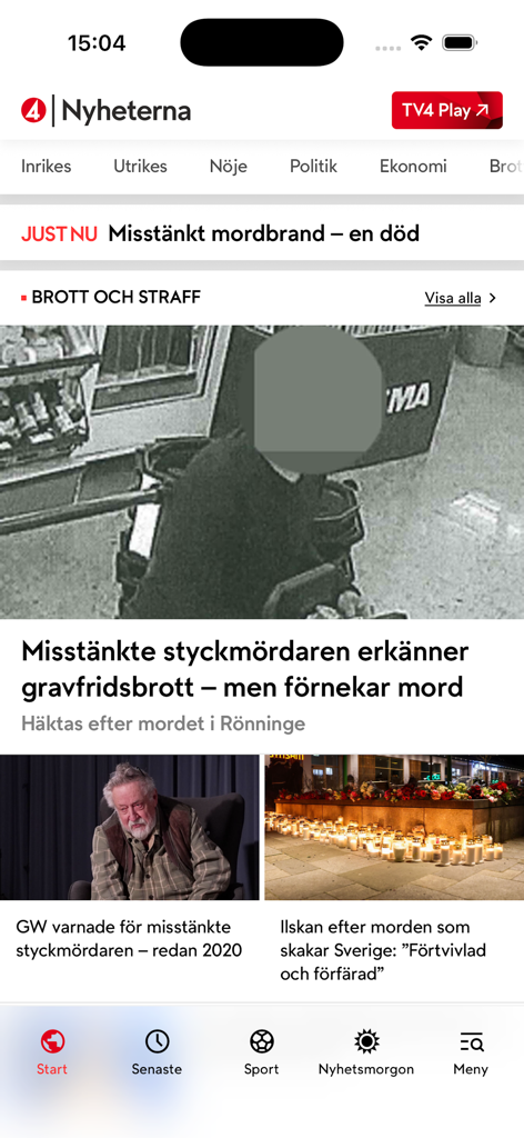 TV4 Nyheterna - L'interfaccia dell'app mobile TV4 Nyheterna che mostra titoli e categorie di notizie svedesi.