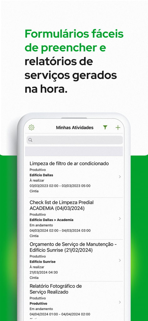 Produttivo: Ordem de Serviço - A smartphone screen displaying the Produttivo app with a list of field service activities and maintenance reports
