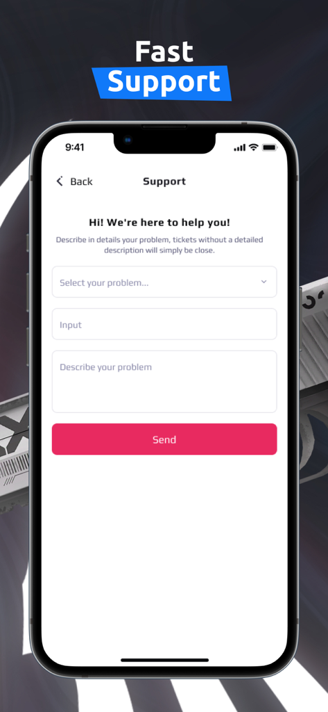 Kunden-Support-Kontaktformular innerhalb der white market CS2 Skins Trade-App