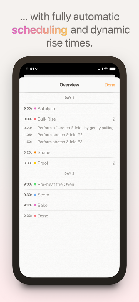 Rise: Baking & Bread Recipes - A mobile app interface showing a multi-day bread baking schedule with timed steps for fermentation and baking