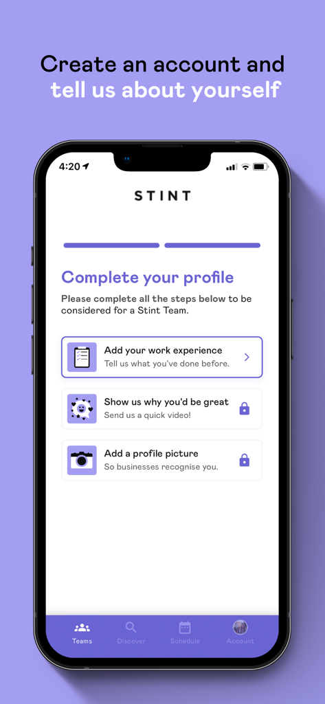Tela de conclusão de perfil do aplicativo Stint Students mostrando etapas para introdução em vídeo de experiência de trabalho e foto de perfil