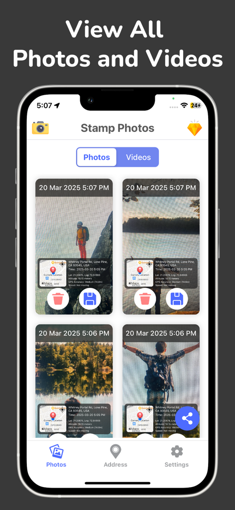 GPS Map Camera & Timestamp Cam - Gallery view of stamped photos with GPS location and timestamp overlays