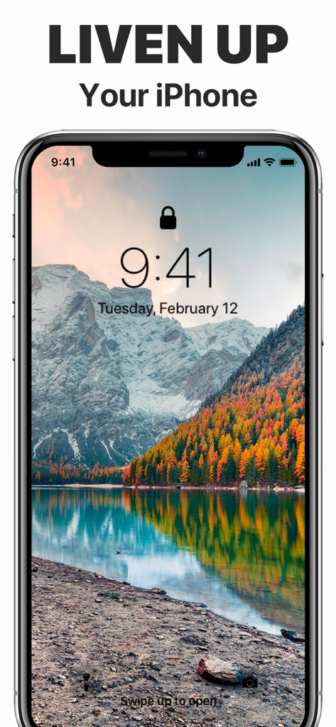 Pantalla de bloqueo de iPhone con un pintoresco fondo de pantalla de naturaleza con montañas y un lago