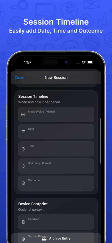 CaIl App lD Sessions - A mobile screen showing the New Session form with fields for call mode, date, time, span, and outcome in a dark theme.