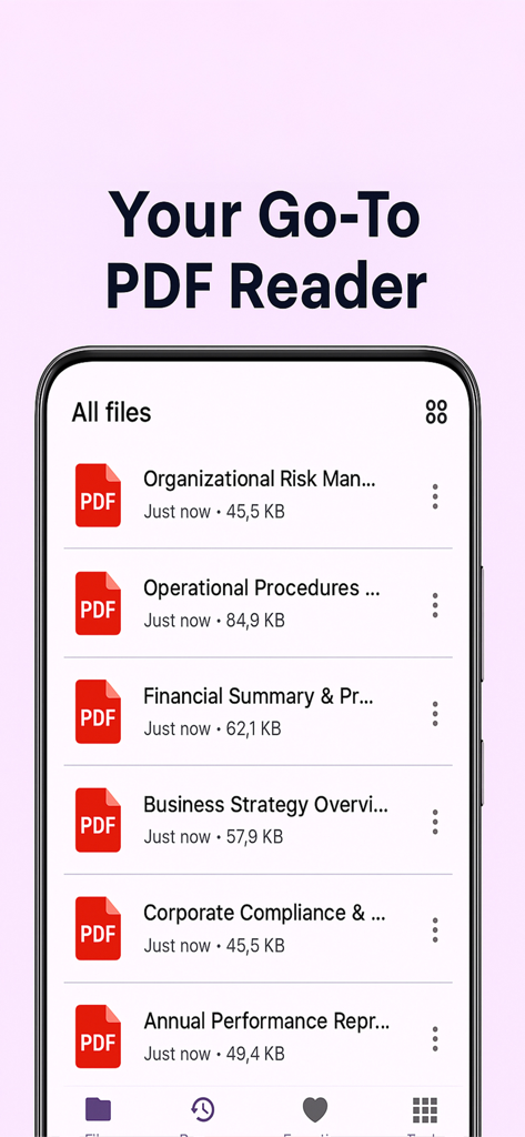 PDF Reader - Scan & View - Interfaz de la aplicación Lector de PDF que muestra una lista de documentos PDF guardados.