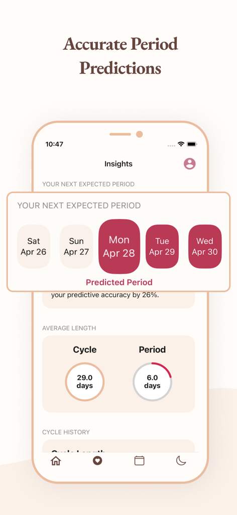 Interface of the Ayda period tracker app showing menstrual cycle insights and period predictions.