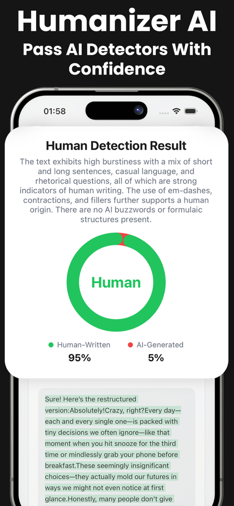 Stealth Writer app interface showing a 95 percent human written detection result for bypassed AI content