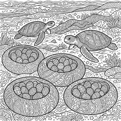 Immerse yourself in the calming world of marine life with this exquisite Zentangle coloring page featuring sea turtle nests. Discover intricate patterns woven into every detail, from the swimming turtles to their precious egg clutches.