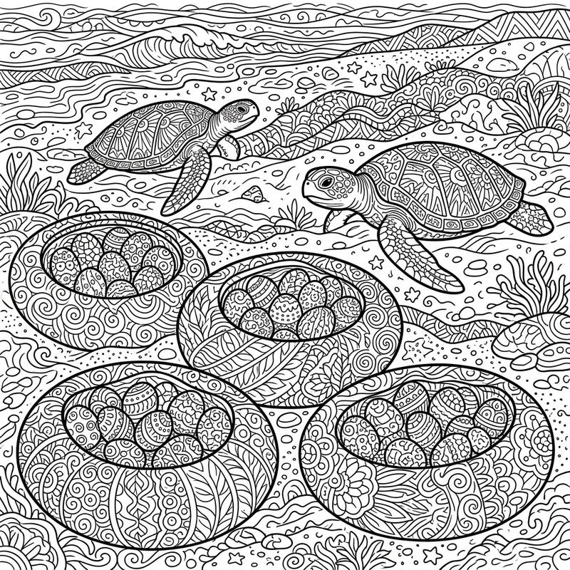 Immerse yourself in the calming world of marine life with this exquisite Zentangle coloring page featuring sea turtle nests. Discover intricate patterns woven into every detail, from the swimming turtles to their precious egg clutches.