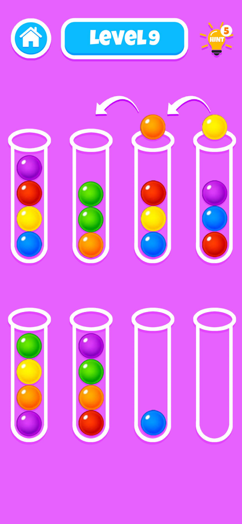 Brain On: Baby Puzzle Games - Captura de pantalla de un juego de lógica educativo que muestra un puzzle de clasificación de pelotas de colores con pelotas y tubos coloridos para niños.