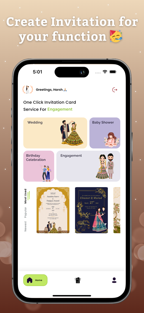 Invitation Card Pdf Maker - Home screen of Invitation Card Pdf Maker app showing wedding and engagement invitation templates.