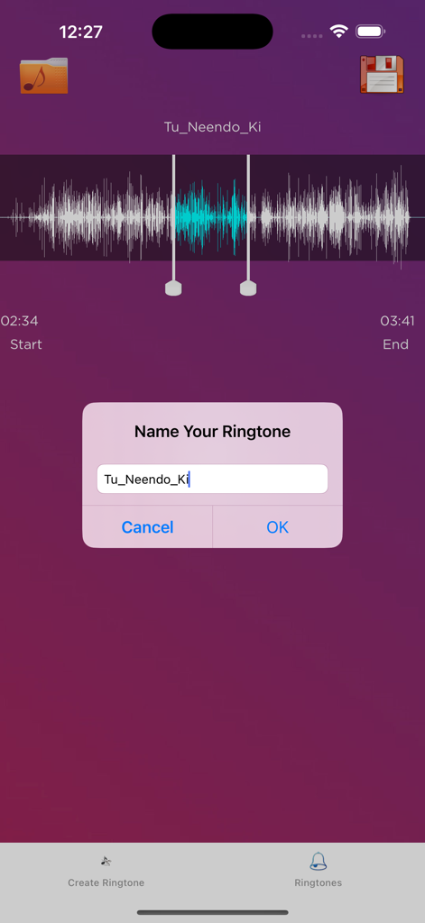 Ringtone Maker - Easy Ringtone - Naming a custom ringtone in the Ringtone Maker app interface