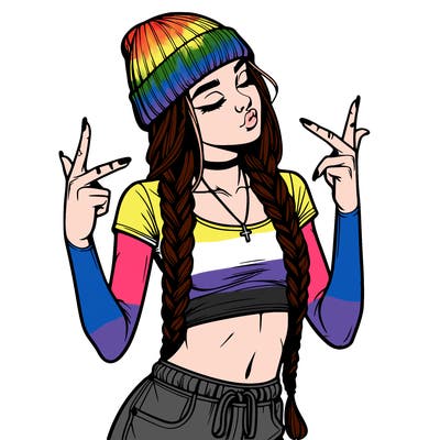 realistic teenage girl with braids and a beanie and crop top doing 🫶🏼