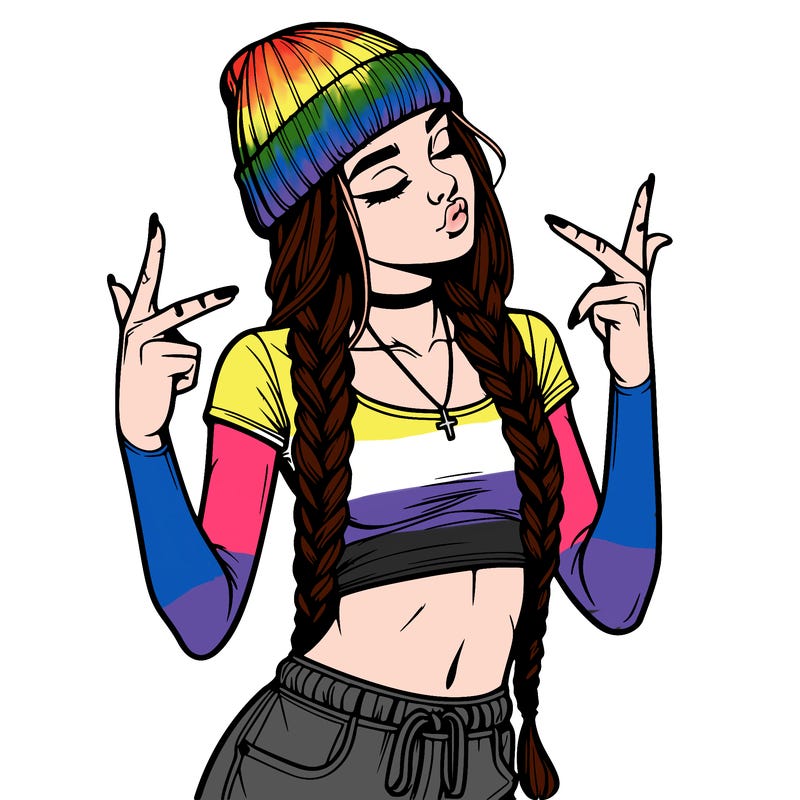 realistic teenage girl with braids and a beanie and crop top doing 🫶🏼