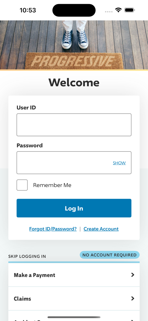 Progressive mobile app login page with user ID and password fields and quick access to payments and claims
