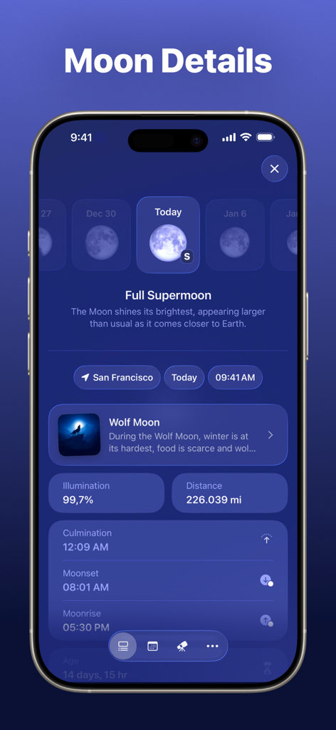 Moonlitt: Moon Phase Tracker - Detailed view of the Moonlitt app showing Full Supermoon data including illumination percentage distance and rise times