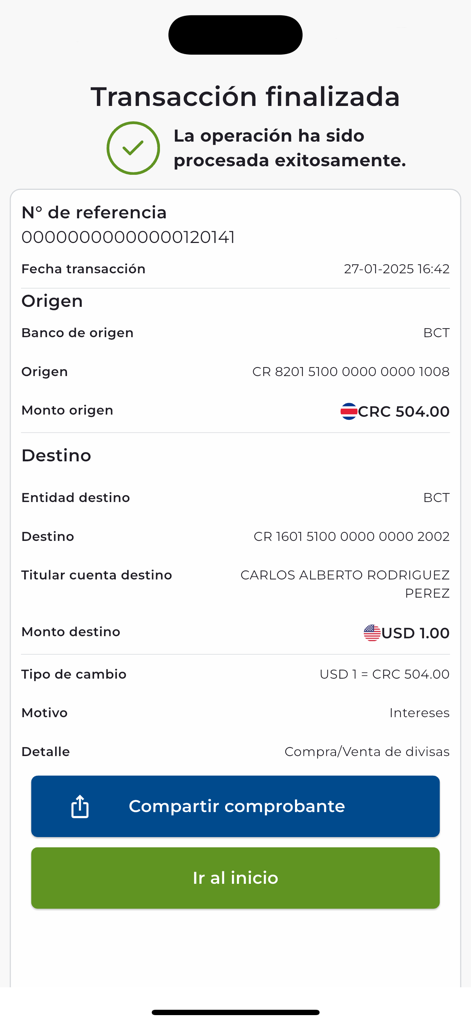 FLEX BCT app screen showing a successful transaction receipt for a currency exchange between CRC and USD