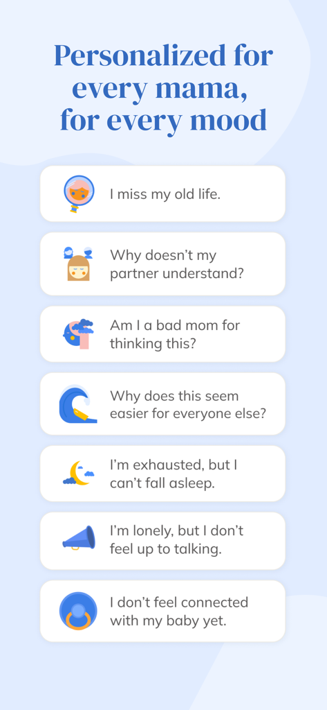 Canopie for Parents - Une capture d'écran de l'application Canopie affichant divers défis émotionnels et humeurs que les mères peuvent choisir pour un soutien personnalisé en santé mentale.