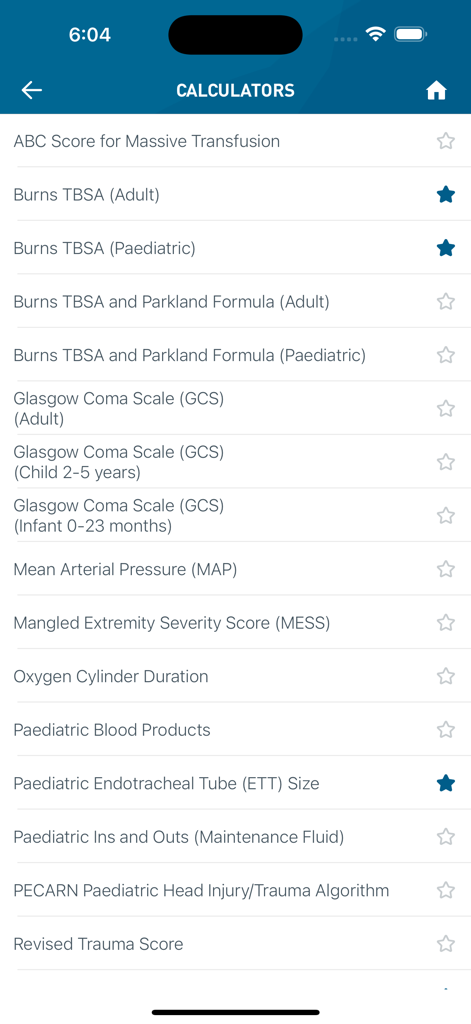 NSW Trauma - A menu showing various medical calculators in the NSW Trauma app including Burns TBSA and Glasgow Coma Scale