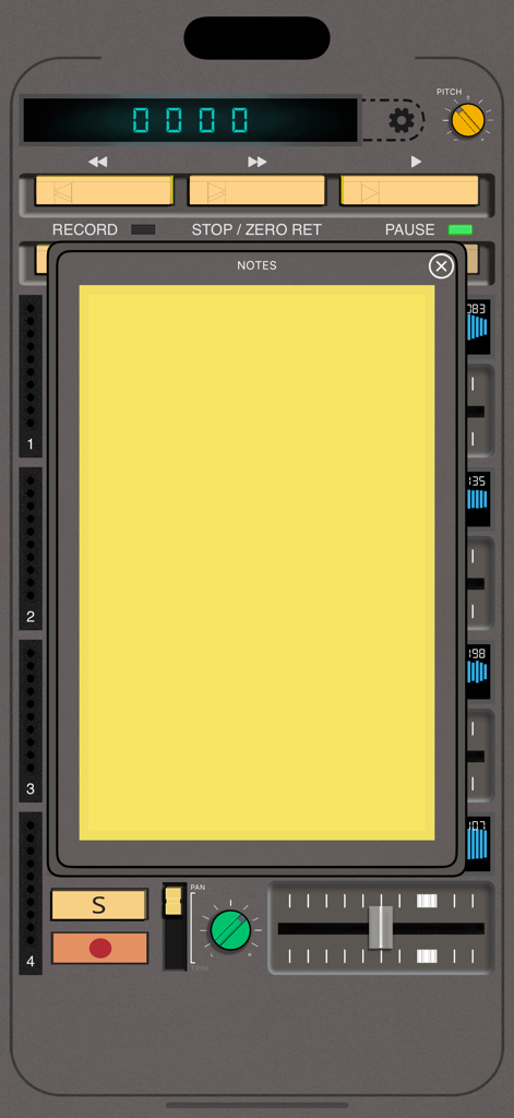 T.APE - Una ventana emergente amarilla de notas en la interfaz de grabación multitrack vintage de la aplicación T.APE.