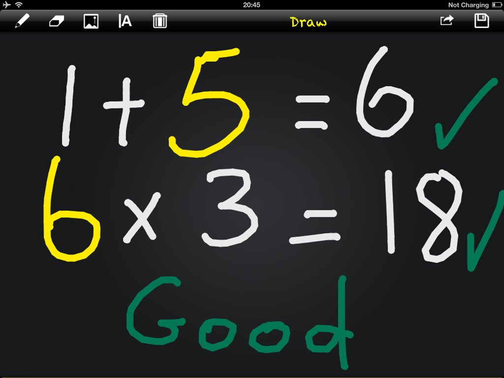 Draw for iPad Lite, Blackboard - Una lavagna digitale su iPad che mostra equazioni matematiche disegnate a mano con segni di spunta verdi e la parola "Good"