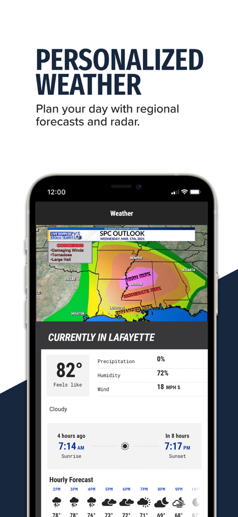 Tela meteorológica personalizada do aplicativo KLFY News 10 com radar interativo para Lafayette.