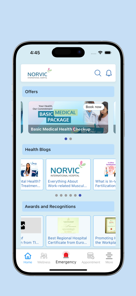 Norvic Care - Norvic Care mobile app home screen with medical packages, health blogs, and awards sections.