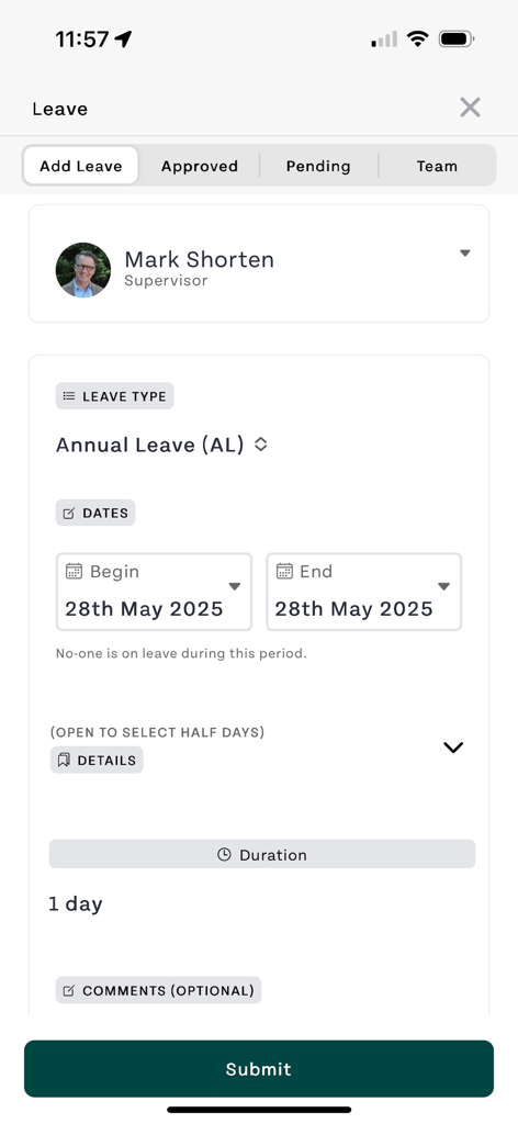 HR Duo Go - HR Duo Go mobile app screen for submitting an annual leave request with date and duration details