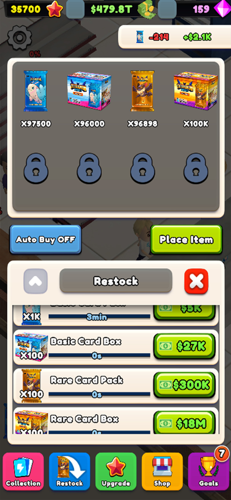 TCG Card Shop Tycoon Simulator - Restock menu in TCG Card Shop Tycoon displaying various trading card packs and boxes for purchase