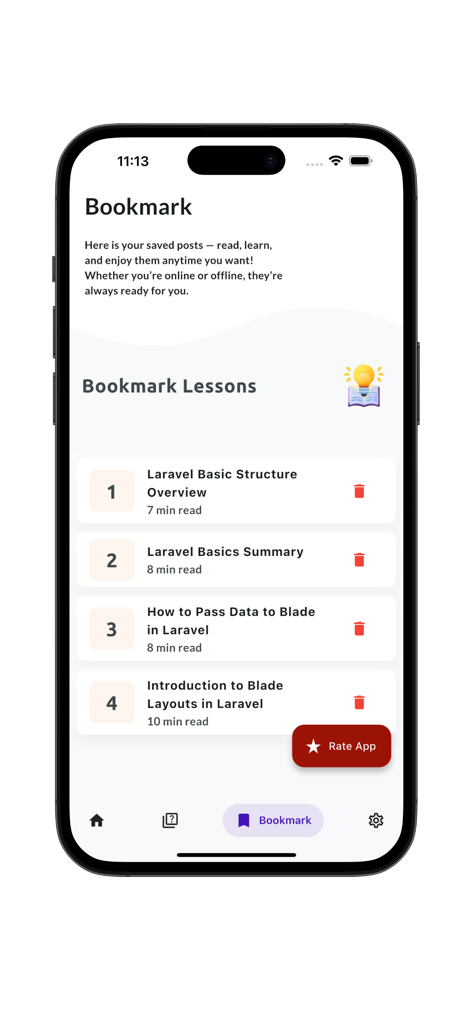 Learn Laravel - PHP - Lesezeichen-Bildschirm mit einer Liste gespeicherter Laravel PHP-Lektionen in der App.