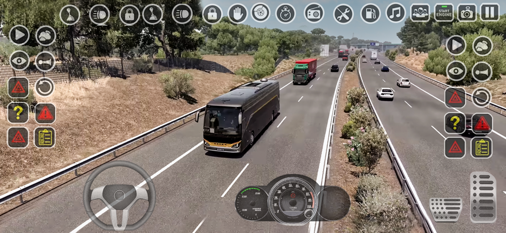 Bus Simulator: Parking Games - A 3D bus simulator gameplay screen showing a coach driving on a highway with steering controls.