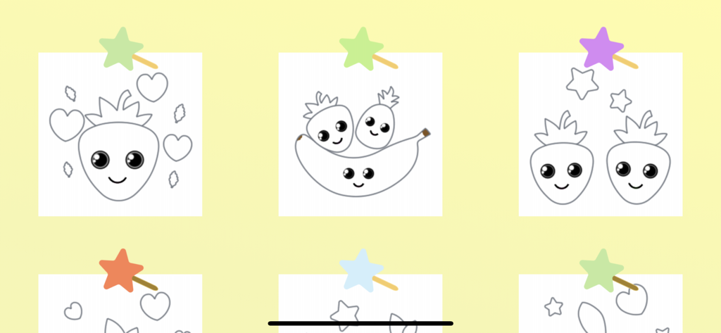 Fruit Coloring for Kid Toddler - A menu of black and white fruit coloring pages with cute faces and colorful star magic wands