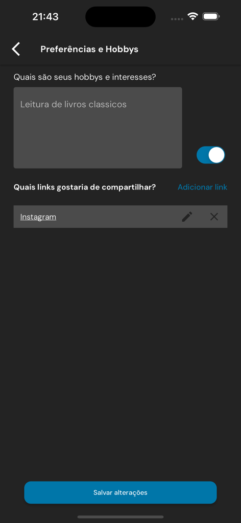 hic - hic app interface showing the profile preferences screen where a user can edit their hobbies and social media links.