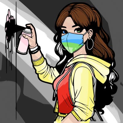 realistic girl with mask spray painting a wall