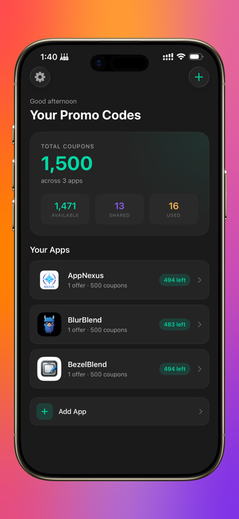 Main dashboard of the Coupon Distributor app showing promo code statistics and managed mobile apps.