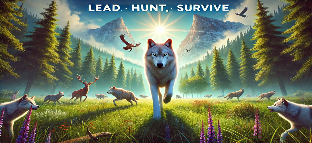 Wolf Simulator - Family Sim - A white wolf leading a pack in a realistic forest environment with the text lead hunt survive
