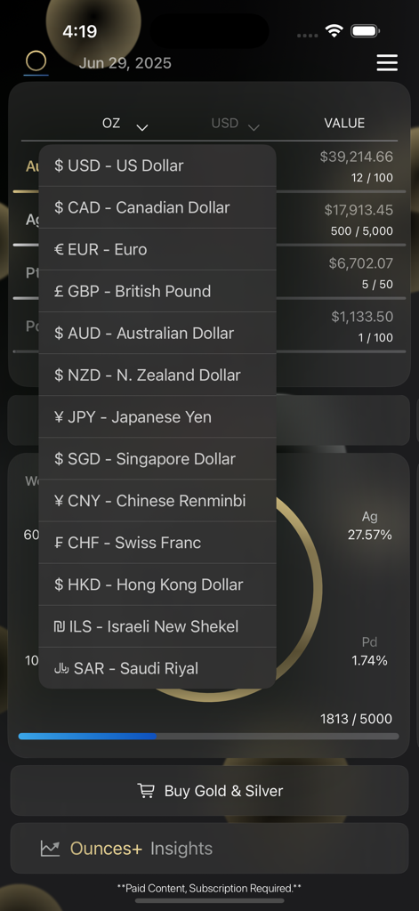 A currency selection dropdown menu over the precious metals portfolio dashboard in the Ounces plus app