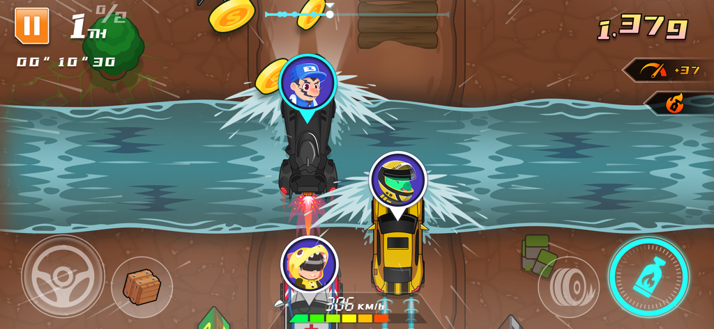 Racing Car Games for Kids - Top down view of cartoon cars racing across a river in a kids game