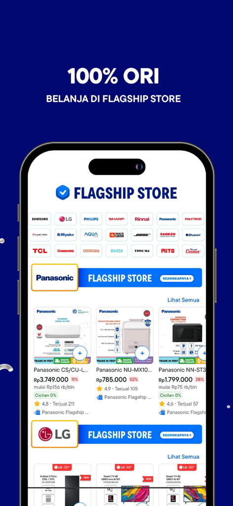 Blibli - Blibli mobile app interface featuring official flagship stores for authentic electronic brands