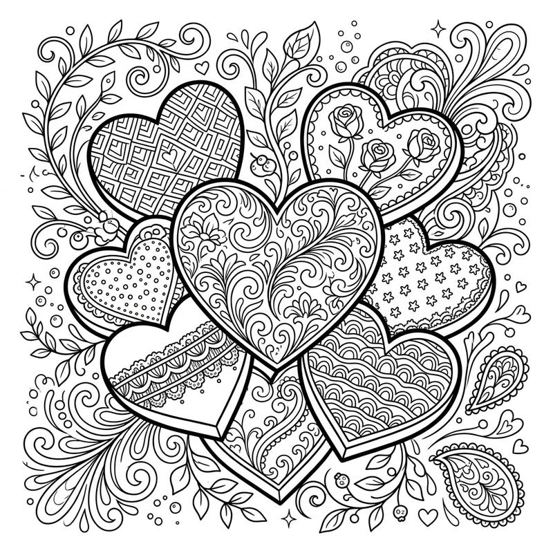 Explore a captivating collection of chocolate hearts, each adorned with unique and intricate patterns, designed specifically to appeal to creative teens. This detailed coloring page offers a delightful challenge for those who love to bring complex designs to life with their favorite colors.