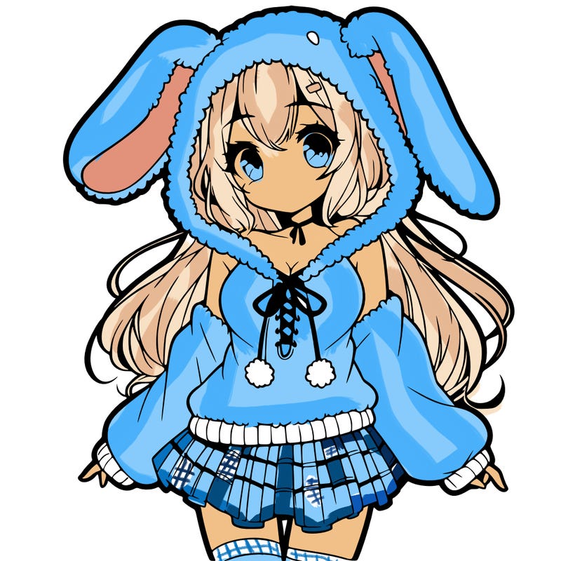 pretty anime girl wearing a fluffy hoodie with bunny ears on the hood and a skirt